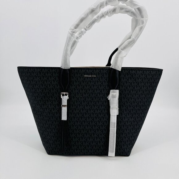Michael Kors Moore Large Buckle Tote Black Logo Canvas Silver Hardware - Picture 1 of 16